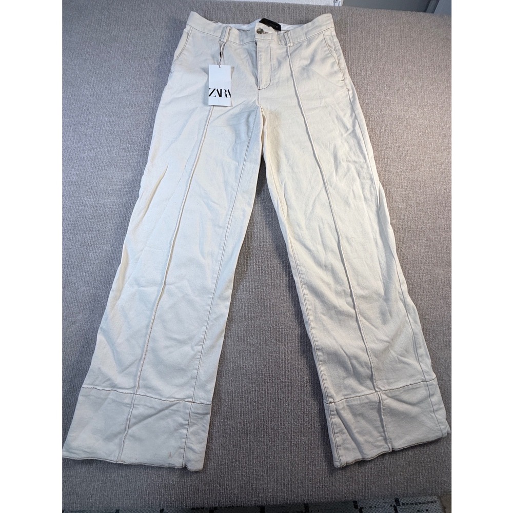 Zara Womens High Waisted‎ Wide Leg Pants Cream Off White Denim 30x31 RN77302